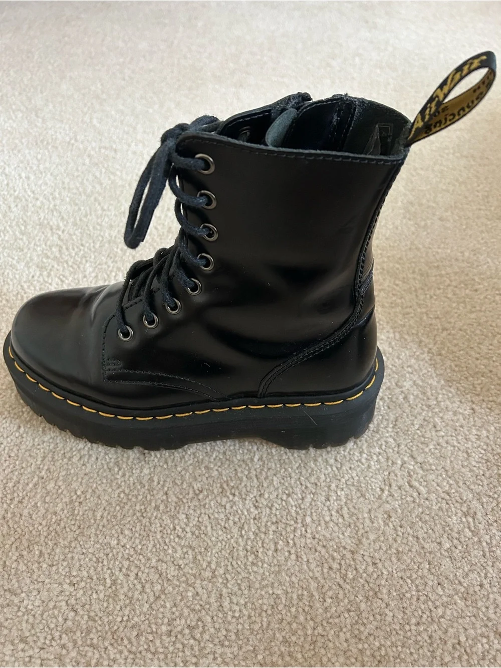 Dr. Martens Black Smooth Leather Platform Lace-Up Boots with Yellow Stitching